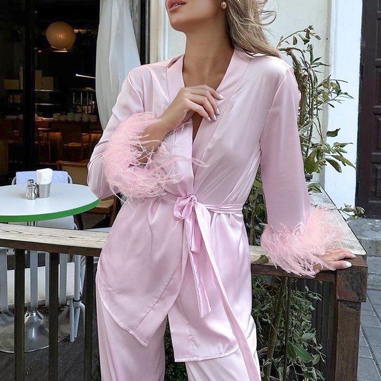 Design Stitching Feather Long Sleeve Lace up Cardigan Sleepwear Set