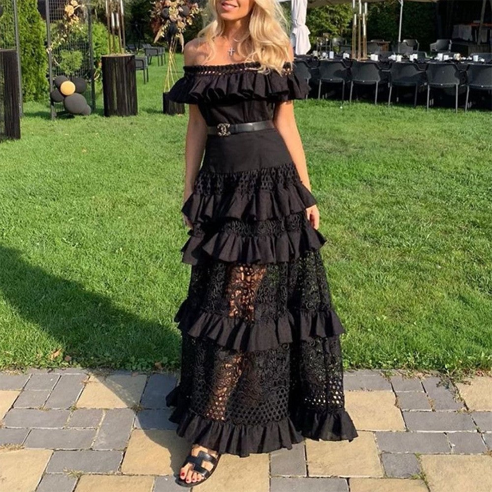 Ruffled Hollow Out Cutout Wide Hem Lace Long Dress