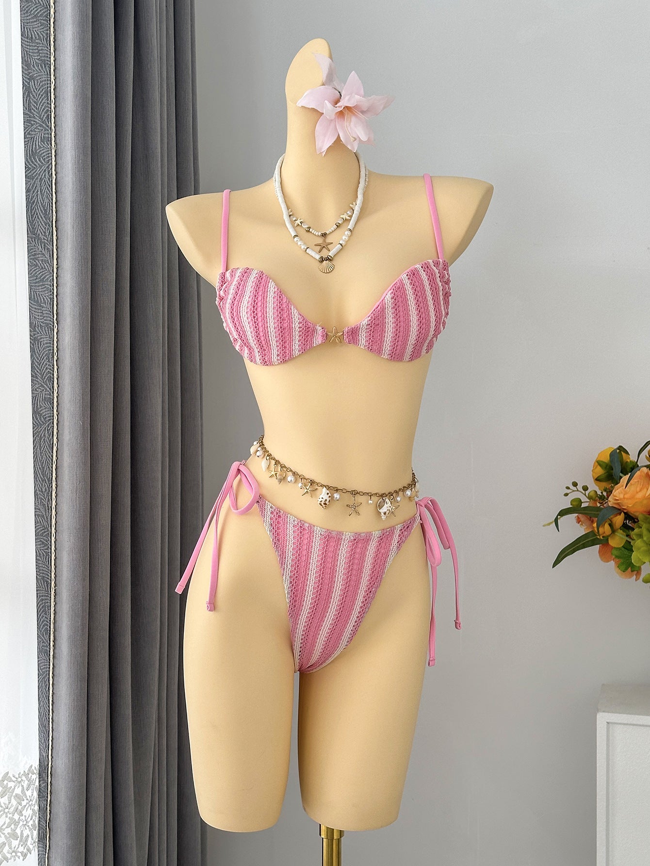 Striped Halter Lace up Bikini Swimsuit MUNSIEUR