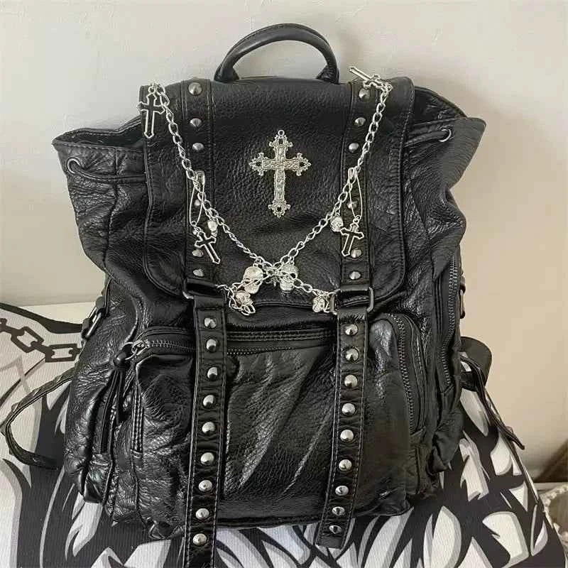 Gothic Y2K Backpack Black Grunge Cross Skeleton | MUNSIEUR