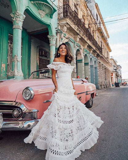 Ruffled Hollow Out Cutout Wide Hem Lace Long Dress