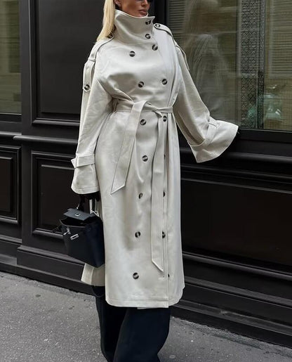 Solid Color Double Breasted Long Windbreaker Jacket