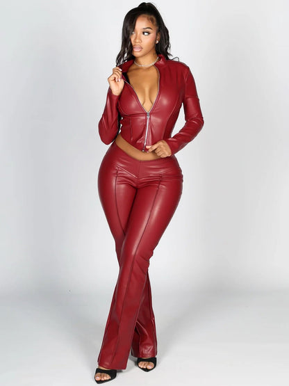 Slim Fit Zipper Stretch PU Leather Casual Jumpsuit Two Piece Set