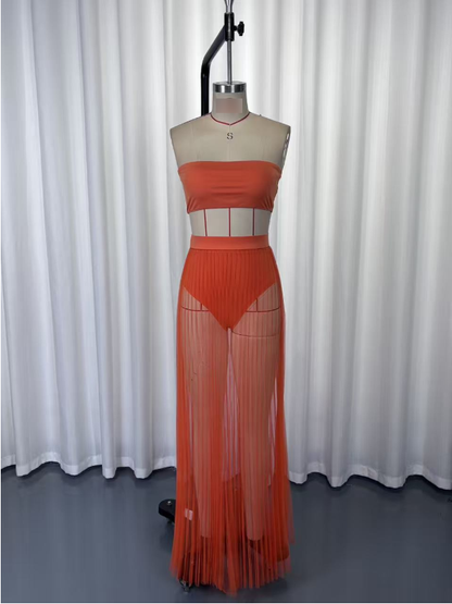 Mesh Pleated Swimsuit Fabric Three Piece Set