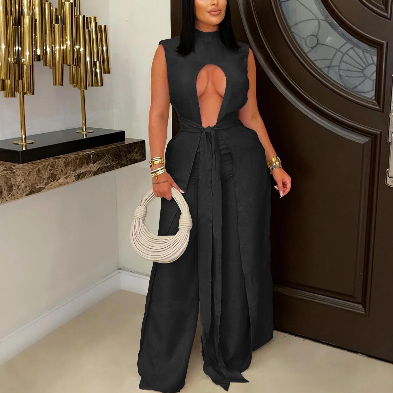 Women's Solid Color Jumpsuit Sleeveless Trousers Set