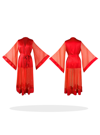 Satin Mesh Patchwork Flared Sleeve Nightgown Sheath Sleepwear Pajamas