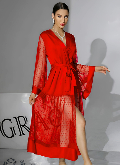 Satin Mesh Patchwork Flared Sleeve Nightgown Sheath Sleepwear Pajamas