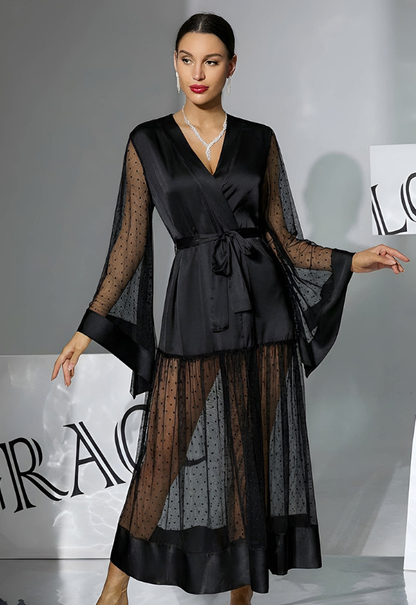 Satin Mesh Patchwork Flared Sleeve Nightgown Sheath Sleepwear Pajamas