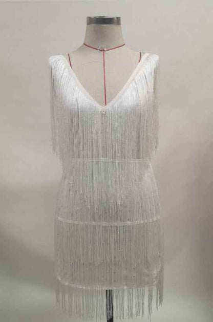 Plunge Sleeveless Pencil Tassel Midi Dress