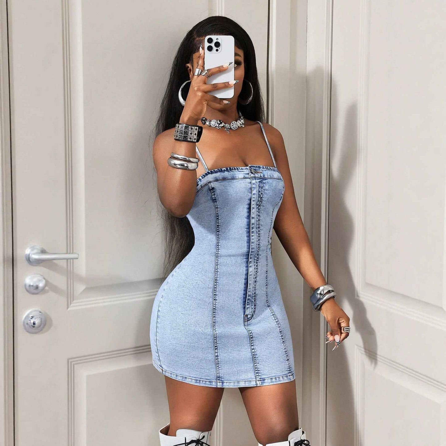 Sling Waist Slimming Sheath Women Denim Dress