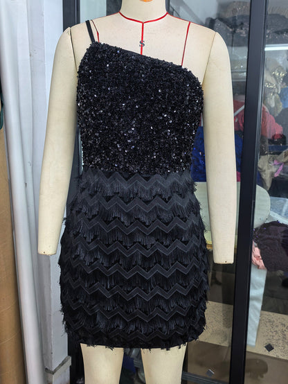 Sexy One Shoulder Tassel Sequ Dress