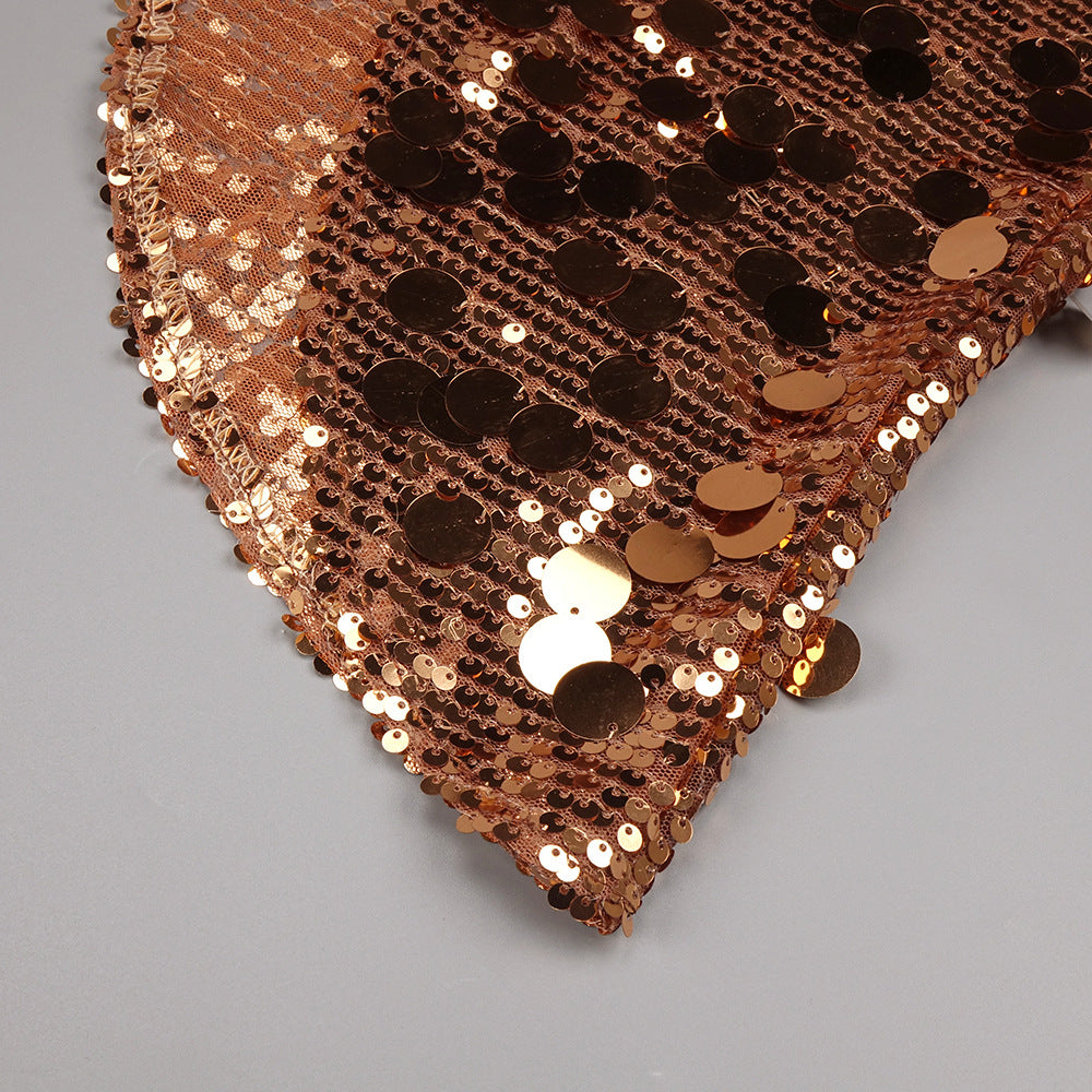 Heavy Industry Golden Sequined One Shoulder Party Dress