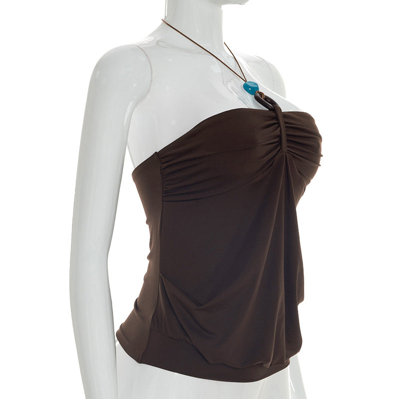 Spring Solid Color Pleated Backless Halter Sling Top T-shirt for Women