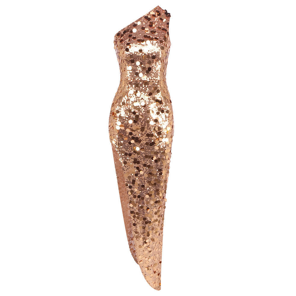 Heavy Industry Golden Sequined One Shoulder Party Dress