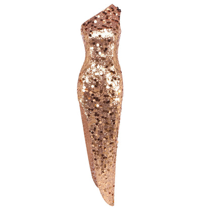 Heavy Industry Golden Sequined One Shoulder Party Dress