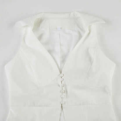 Polo Collar Solid Color V neck Sleeveless Blouse