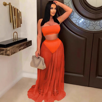 Mesh Pleated Swimsuit Fabric Three Piece Set