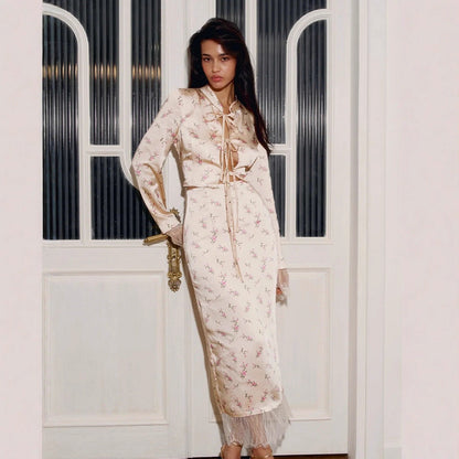 Elegant Long Sleeve Floral Mid Length Skirt Set