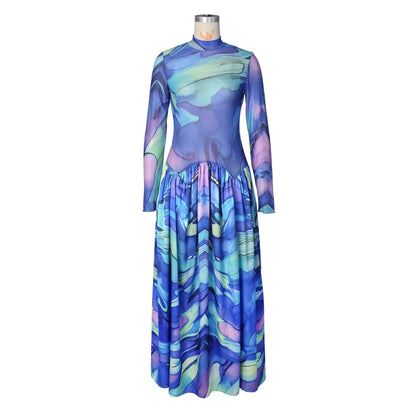 Summer Mesh Floral Print Dress Abstract Flowy Boho Style