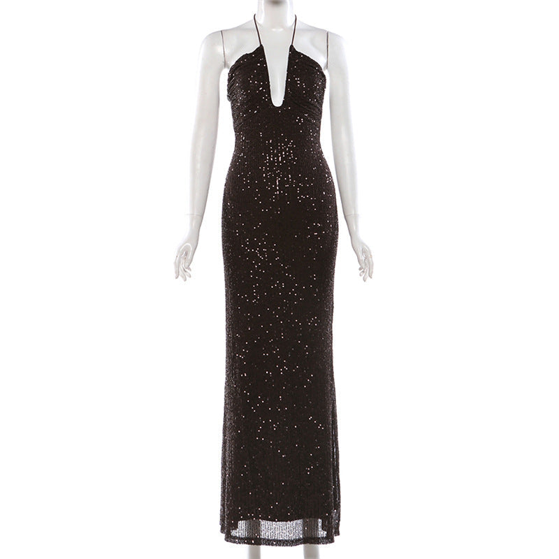 Elegant Halter Sequ Slim Dress
