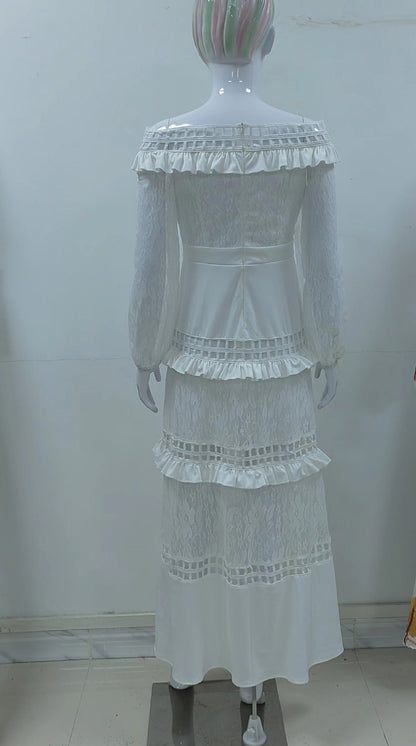 Ruffled Hollow Out Cutout Wide Hem Lace Long Dress
