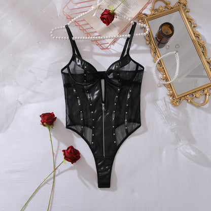 See through Mesh Patchwork Faux Leather Slim Fit Rivets Lingerie