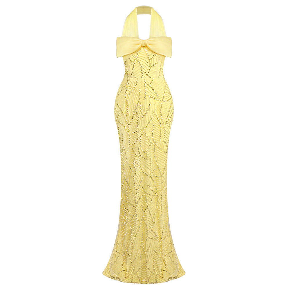 Yellow Heavy Industry Tube Bead Bow Halter Formal Dress
