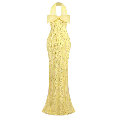 Yellow Heavy Industry Tube Bead Bow Halter Formal Dress