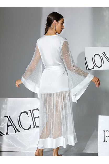 Satin Mesh Patchwork Flared Sleeve Nightgown Sheath Sleepwear Pajamas