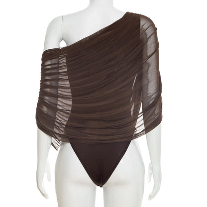 Pleated Sloping Shoulder Women's Elegant Bodysuit