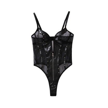 See through Mesh Patchwork Faux Leather Slim Fit Rivets Lingerie