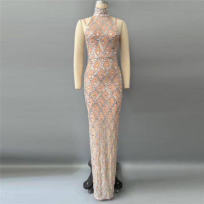 Rhinestone Halter Sleeveless Floor Dress