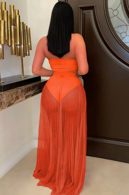 Mesh Pleated Swimsuit Fabric Three Piece Set