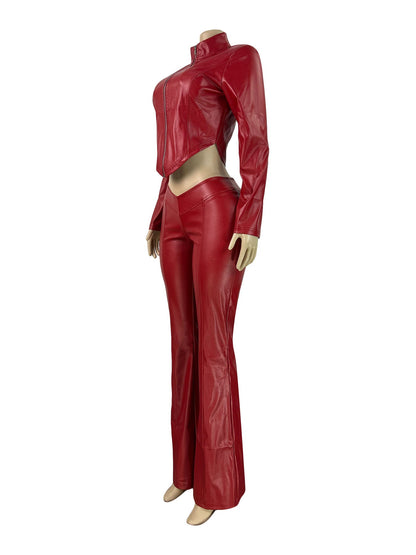 Slim Fit Zipper Stretch PU Leather Casual Jumpsuit Two Piece Set