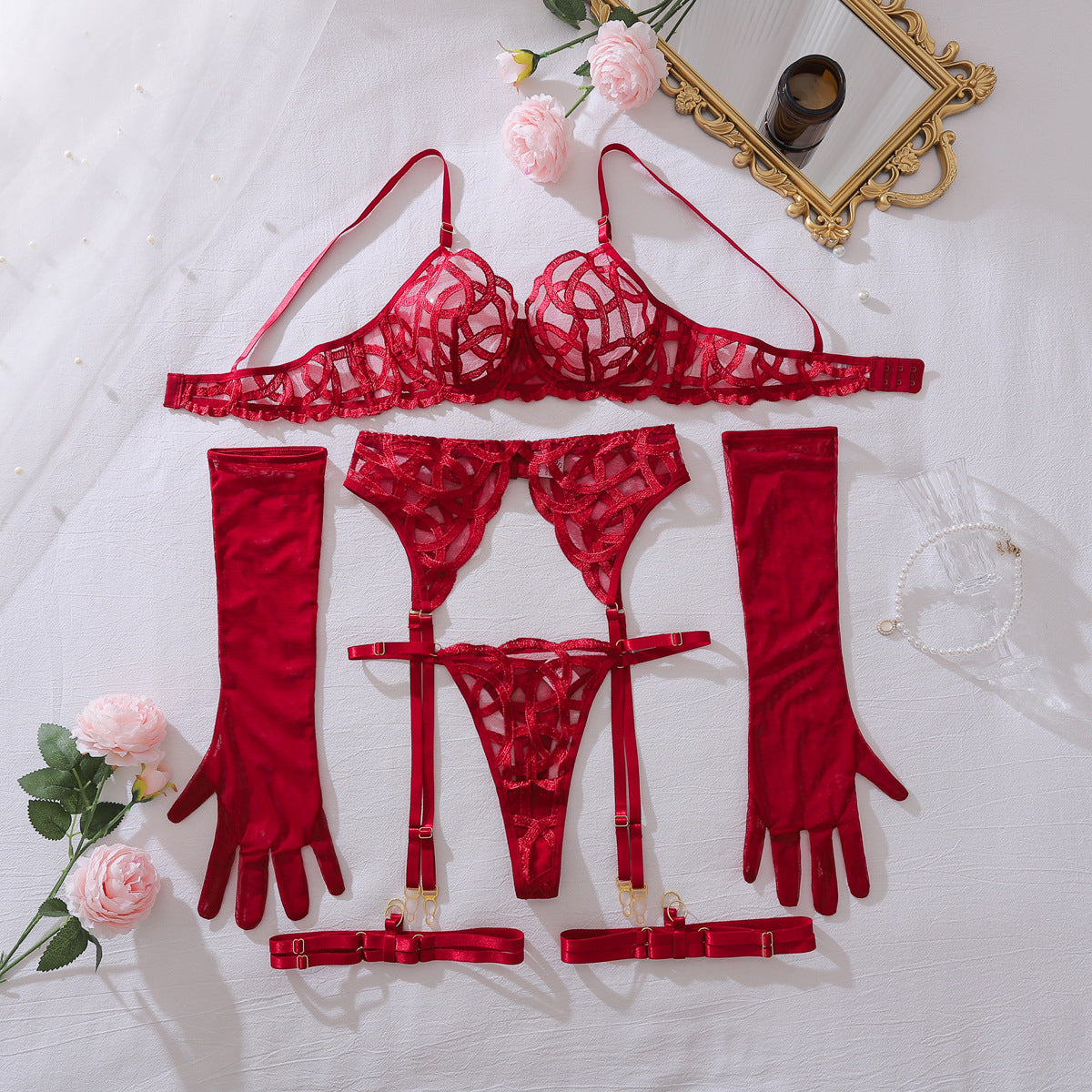 Embroidery See through Slim Fit Adjustable Lingerie