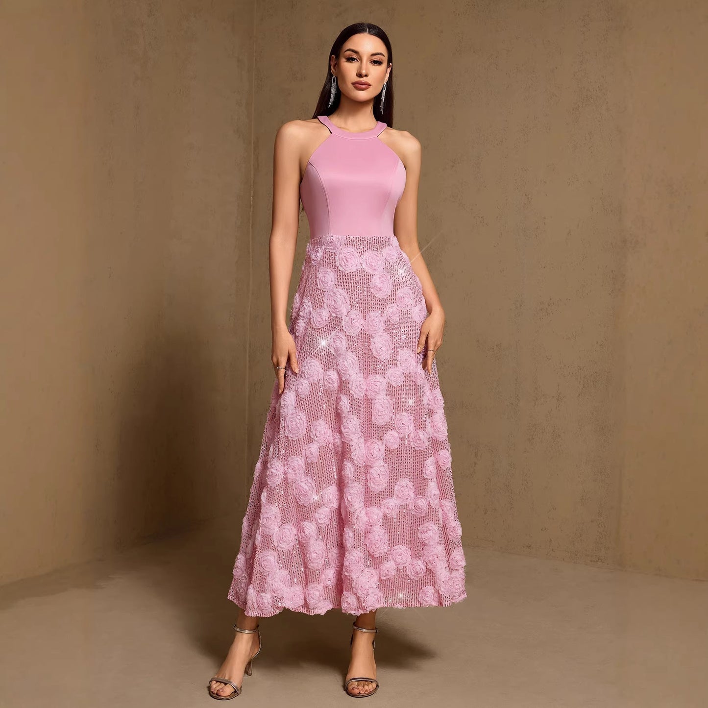 Spring Summer Print Heavy Industry Stitching Large Hem Fully Lined Evening Dress