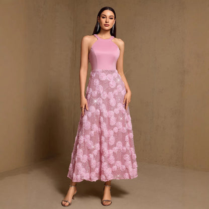 Spring Summer Print Heavy Industry Stitching Large Hem Fully Lined Evening Dress