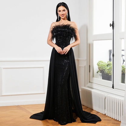 Sequined Sleeveless Feather Backless Cocktail Evening Dress