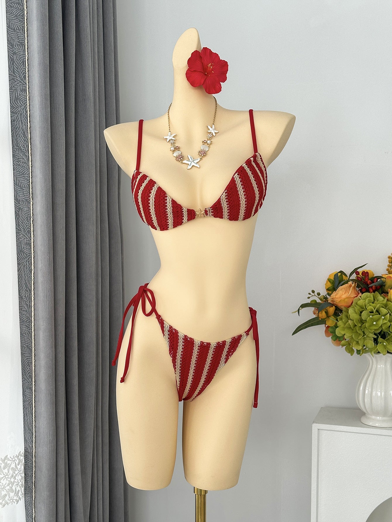 Striped Halter Lace up Bikini Swimsuit MUNSIEUR