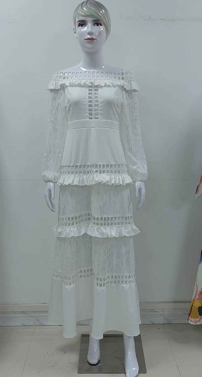 Ruffled Hollow Out Cutout Wide Hem Lace Long Dress