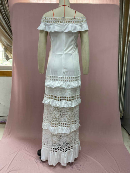 Ruffled Hollow Out Cutout Wide Hem Lace Long Dress