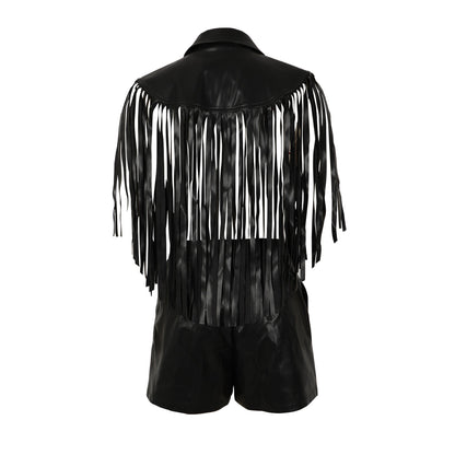 MUNSIEUR PU Leather Sleeveless Tassel Top Two Piece Bottoms Set