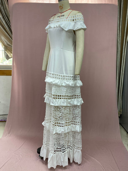 Ruffled Hollow Out Cutout Wide Hem Lace Long Dress