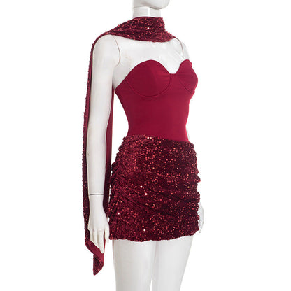 Halter Ribbon Asymmetric Pleated Draped Mini Dress