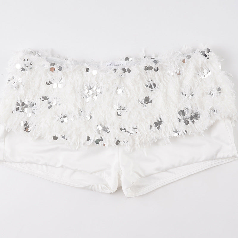 White Sequined Furry Bottoms Set