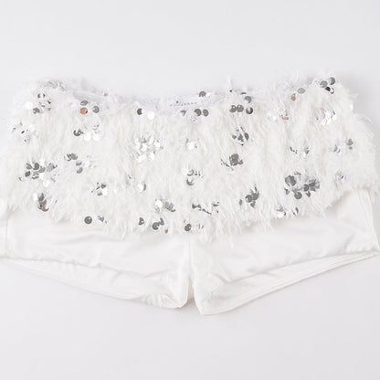 White Sequined Furry Bottoms Set
