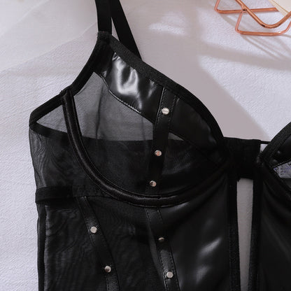 See through Mesh Patchwork Faux Leather Slim Fit Rivets Lingerie