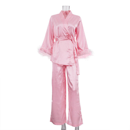 Design Stitching Feather Long Sleeve Lace up Cardigan Sleepwear Set