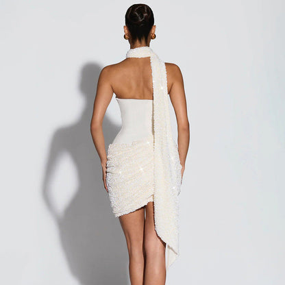 Halter Ribbon Asymmetric Pleated Draped Mini Dress