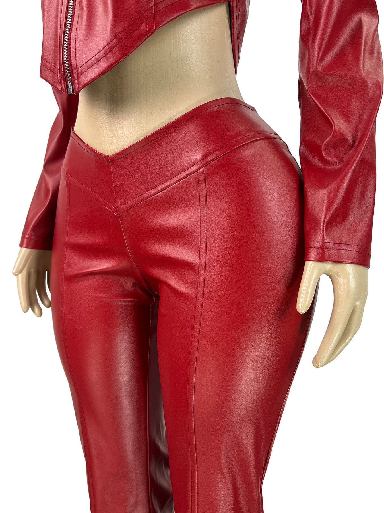 Slim Fit Zipper Stretch PU Leather Casual Jumpsuit Two Piece Set